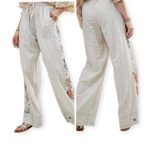 Aratta Relaxed Pants In Fine Stripe With Beaded Floral Side Panel